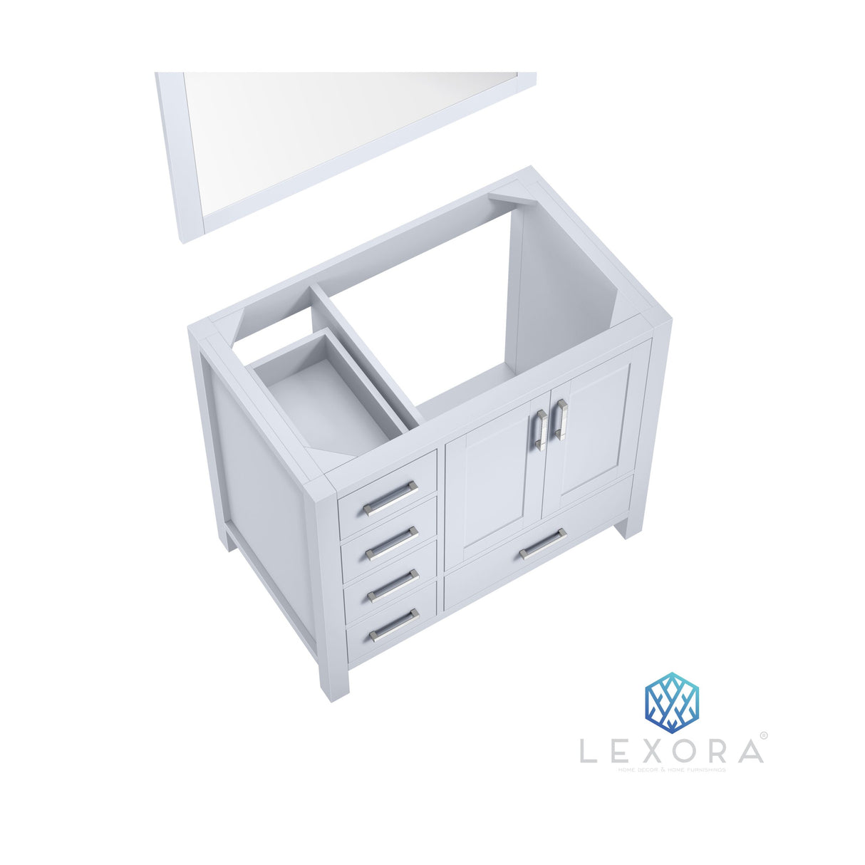 Jacques 36" White Single Vanity, White Carrara Marble Top, White Square Sink and 34" Mirror w/ Faucet - Right Version