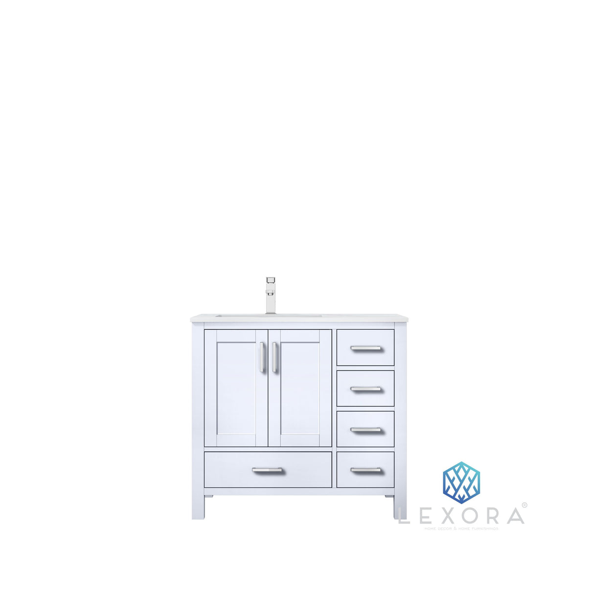 Jacques 36" White Single Vanity, White Carrara Marble Top, White Square Sink and 34" Mirror w/ Faucet - Left Version