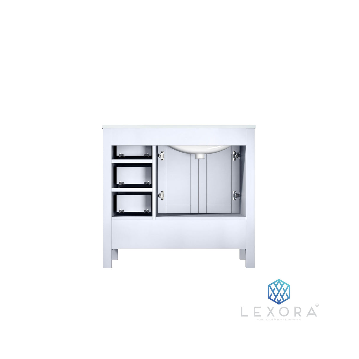 Jacques 36" White Single Vanity, White Carrara Marble Top, White Square Sink and 34" Mirror w/ Faucet - Left Version