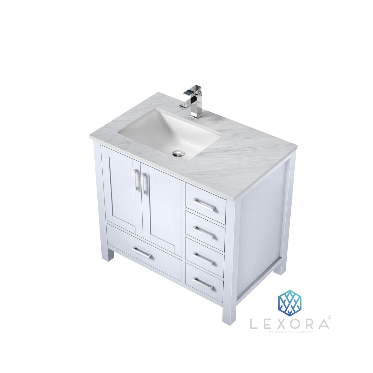 Jacques 36" White Single Vanity, White Carrara Marble Top, White Square Sink and 34" Mirror w/ Faucet - Left Version