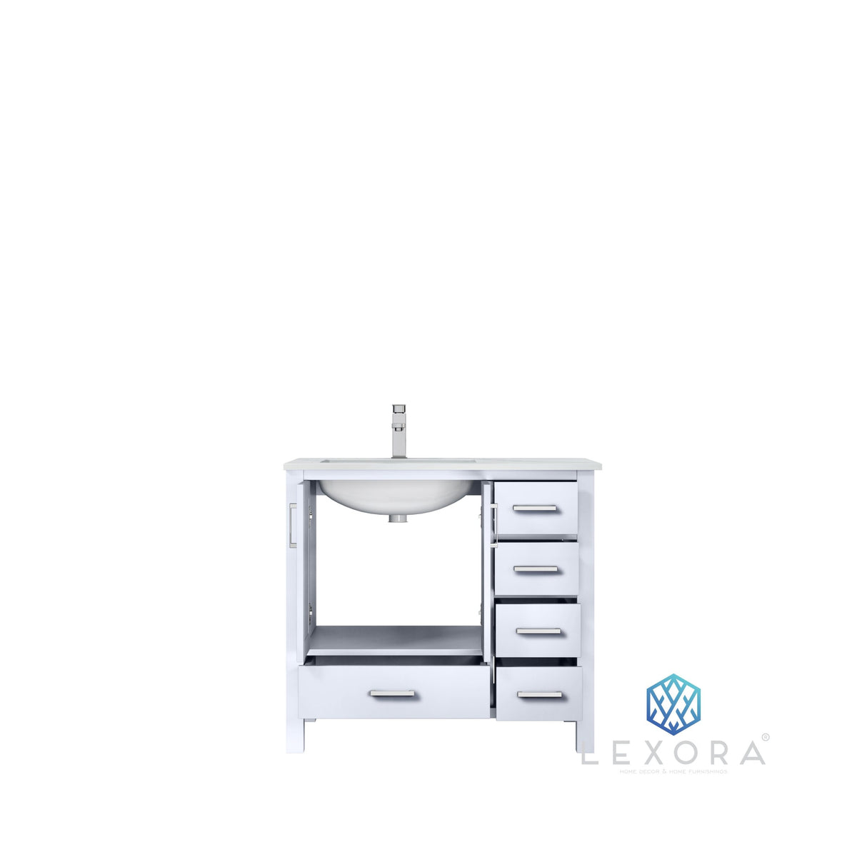 Jacques 36" White Single Vanity, White Carrara Marble Top, White Square Sink and 34" Mirror w/ Faucet - Left Version