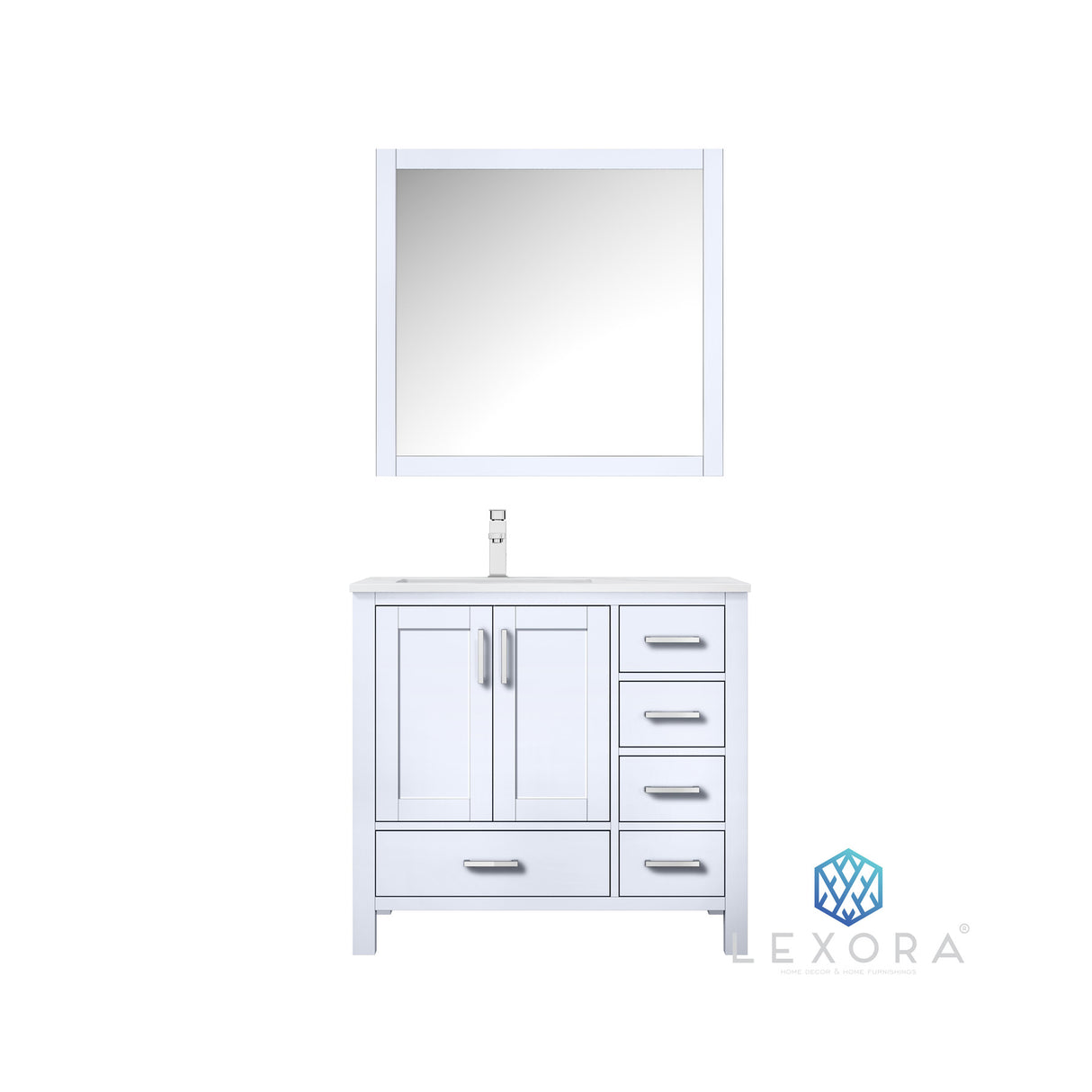 Jacques 36" White Single Vanity, White Carrara Marble Top, White Square Sink and 34" Mirror - Left Version