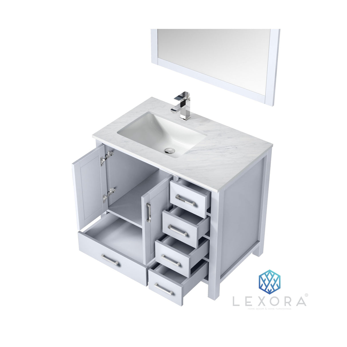 Jacques 36" White Single Vanity, White Carrara Marble Top, White Square Sink and 34" Mirror w/ Faucet - Left Version