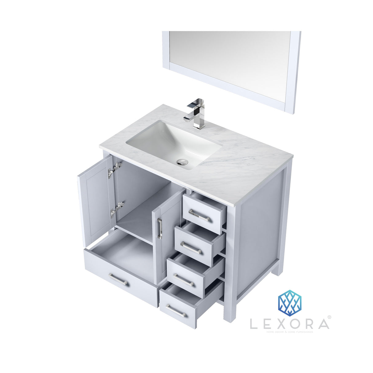 Jacques 36" White Single Vanity, White Carrara Marble Top, White Square Sink and 34" Mirror - Left Version