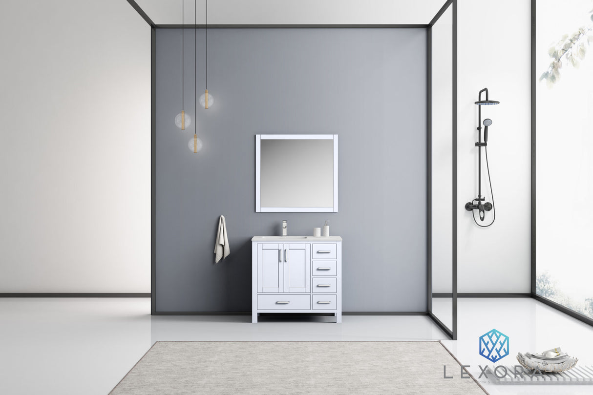 Jacques 36" White Single Vanity, White Carrara Marble Top, White Square Sink and 34" Mirror w/ Faucet - Left Version