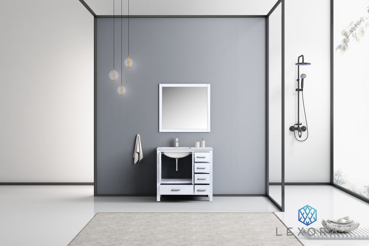 Jacques 36" White Single Vanity, White Carrara Marble Top, White Square Sink and 34" Mirror w/ Faucet - Left Version