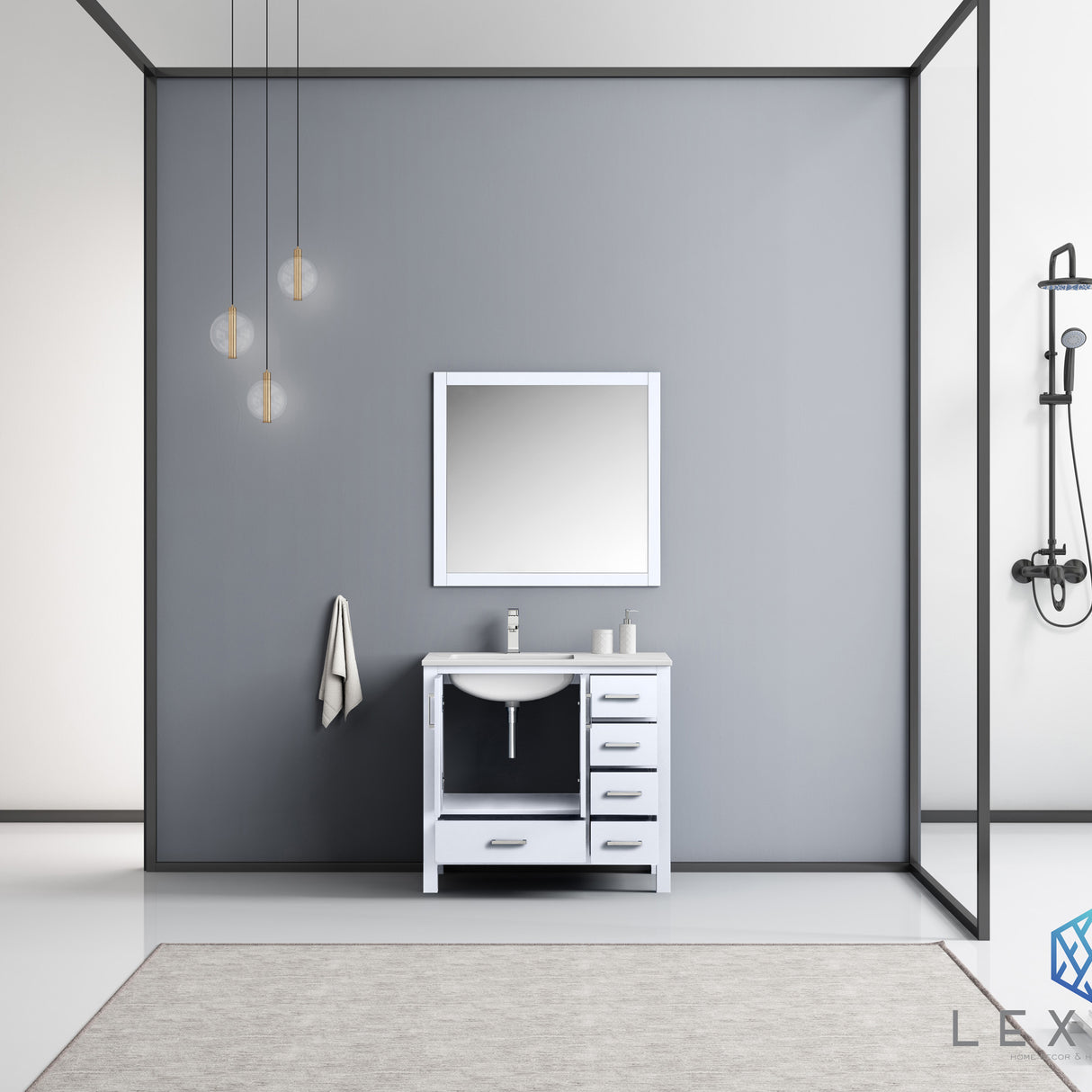 Jacques 36" White Single Vanity, White Carrara Marble Top, White Square Sink and 34" Mirror - Left Version