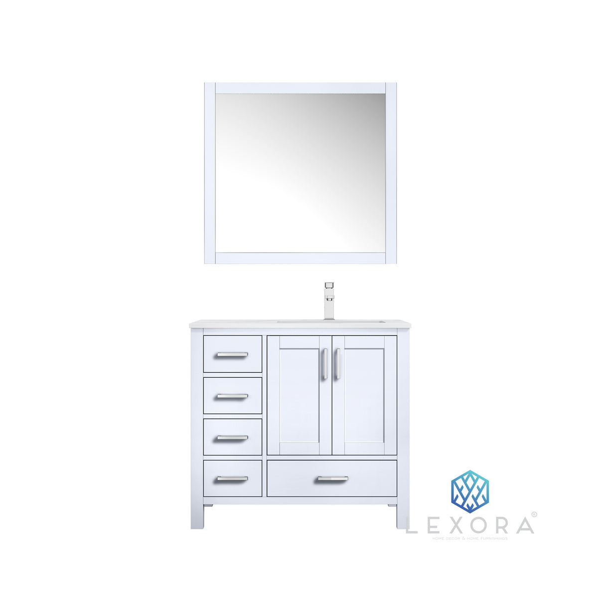 Jacques 36" White Single Vanity, White Carrara Marble Top, White Square Sink and 34" Mirror - Right Version