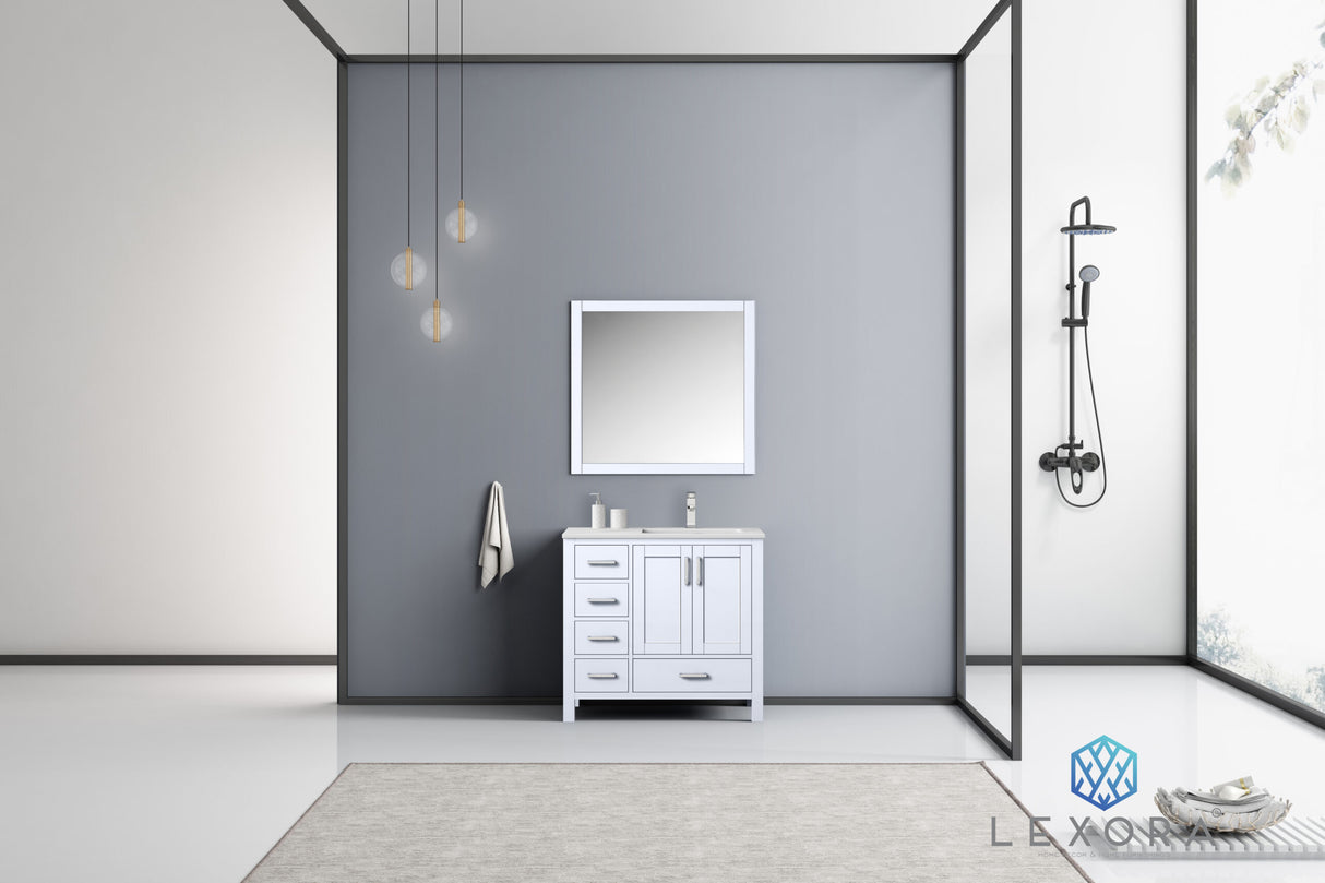 Jacques 36" White Single Vanity, White Carrara Marble Top, White Square Sink and 34" Mirror w/ Faucet - Right Version