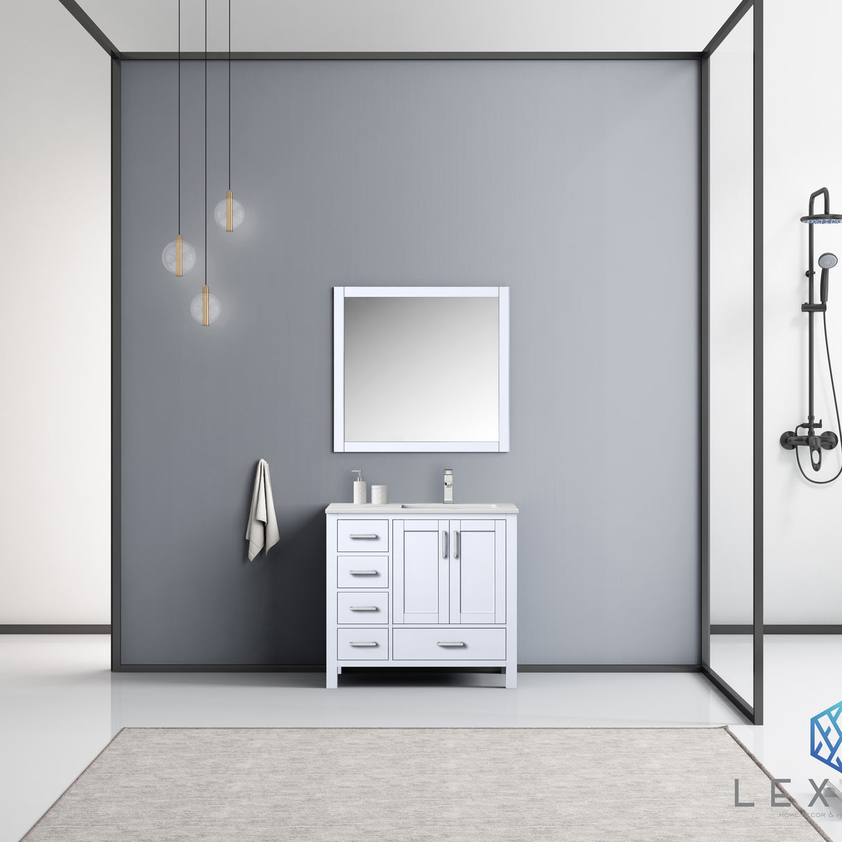 Jacques 36" White Single Vanity, White Carrara Marble Top, White Square Sink and 34" Mirror - Right Version