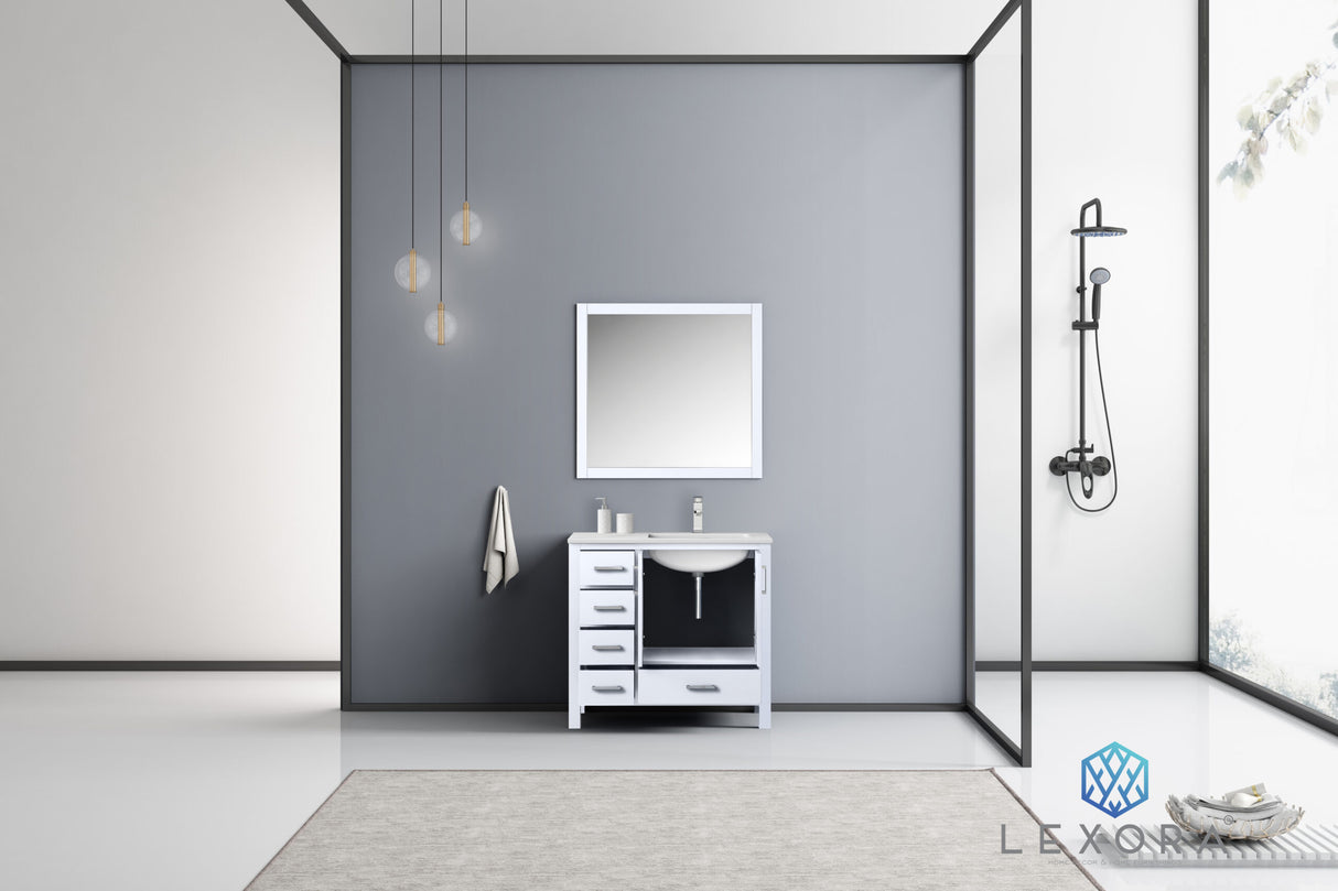 Jacques 36" White Single Vanity, White Carrara Marble Top, White Square Sink and 34" Mirror w/ Faucet - Right Version