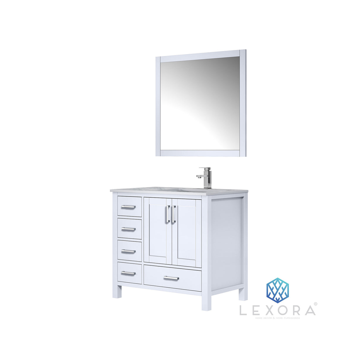 Jacques 36" White Single Vanity, White Carrara Marble Top, White Square Sink and 34" Mirror - Right Version