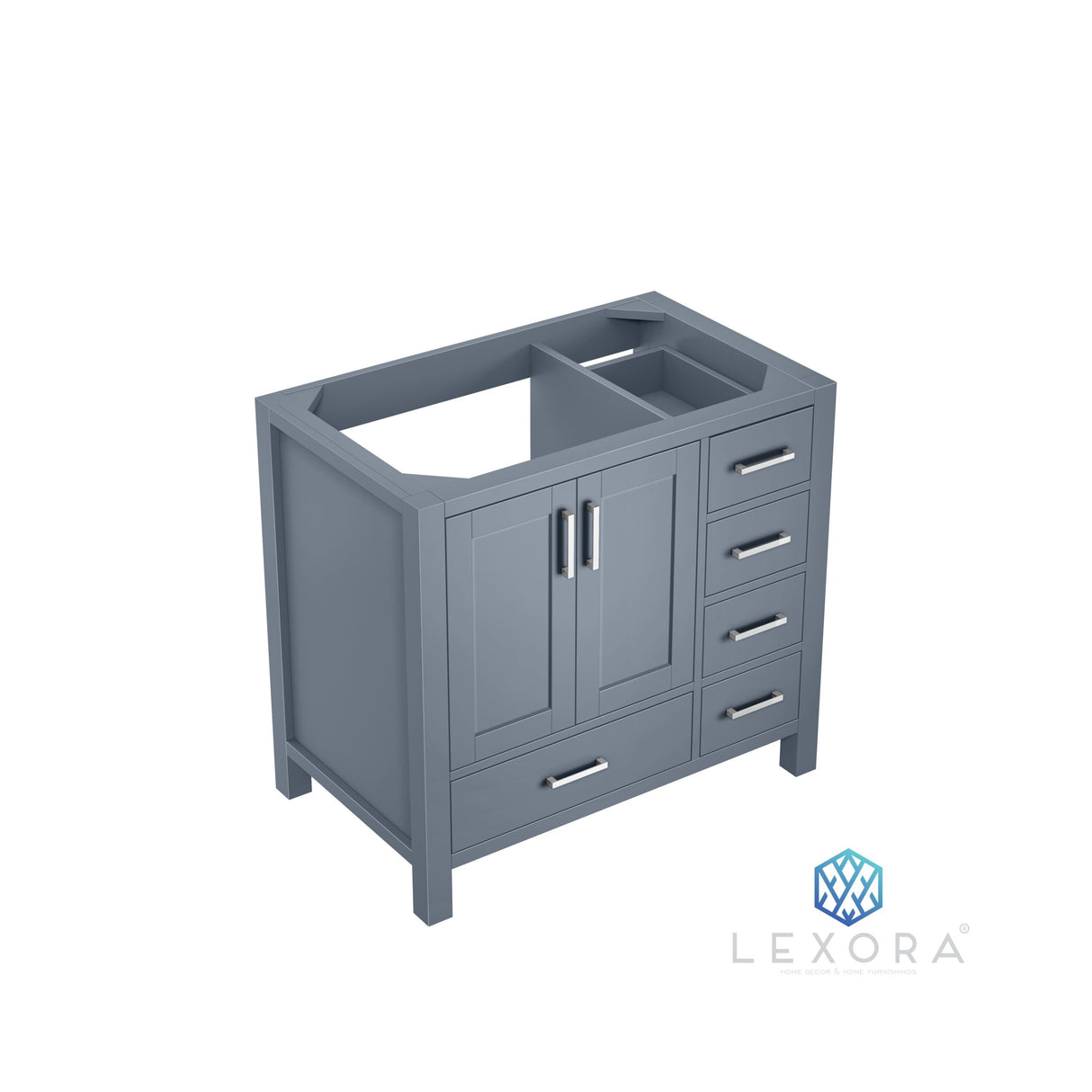 Jacques 36" Dark Grey Single Vanity, White Carrara Marble Top, White Square Sink and 34" Mirror w/ Faucet - Left Version