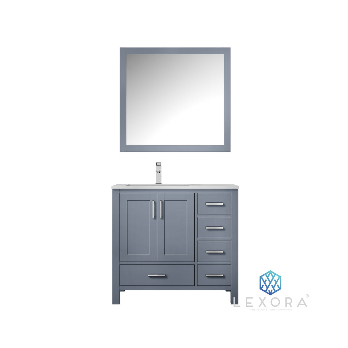 Jacques 36" Dark Grey Single Vanity, White Carrara Marble Top, White Square Sink and 34" Mirror - Left Version
