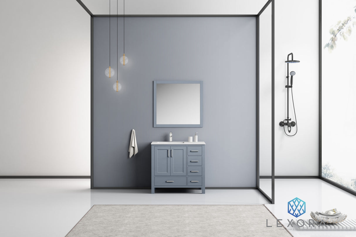 Jacques 36" Dark Grey Single Vanity, White Carrara Marble Top, White Square Sink and 34" Mirror w/ Faucet - Left Version