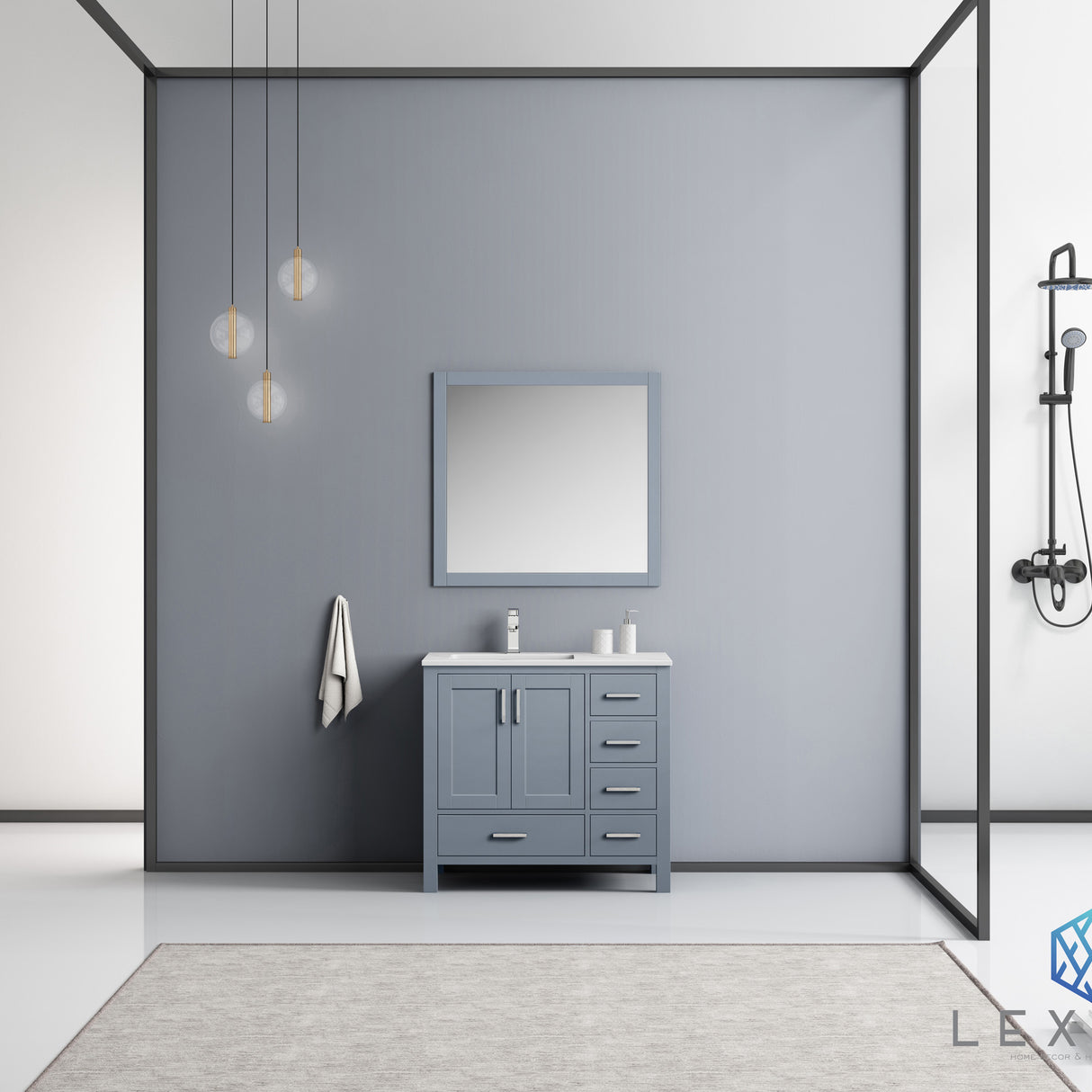 Jacques 36" Dark Grey Single Vanity, White Carrara Marble Top, White Square Sink and 34" Mirror - Left Version