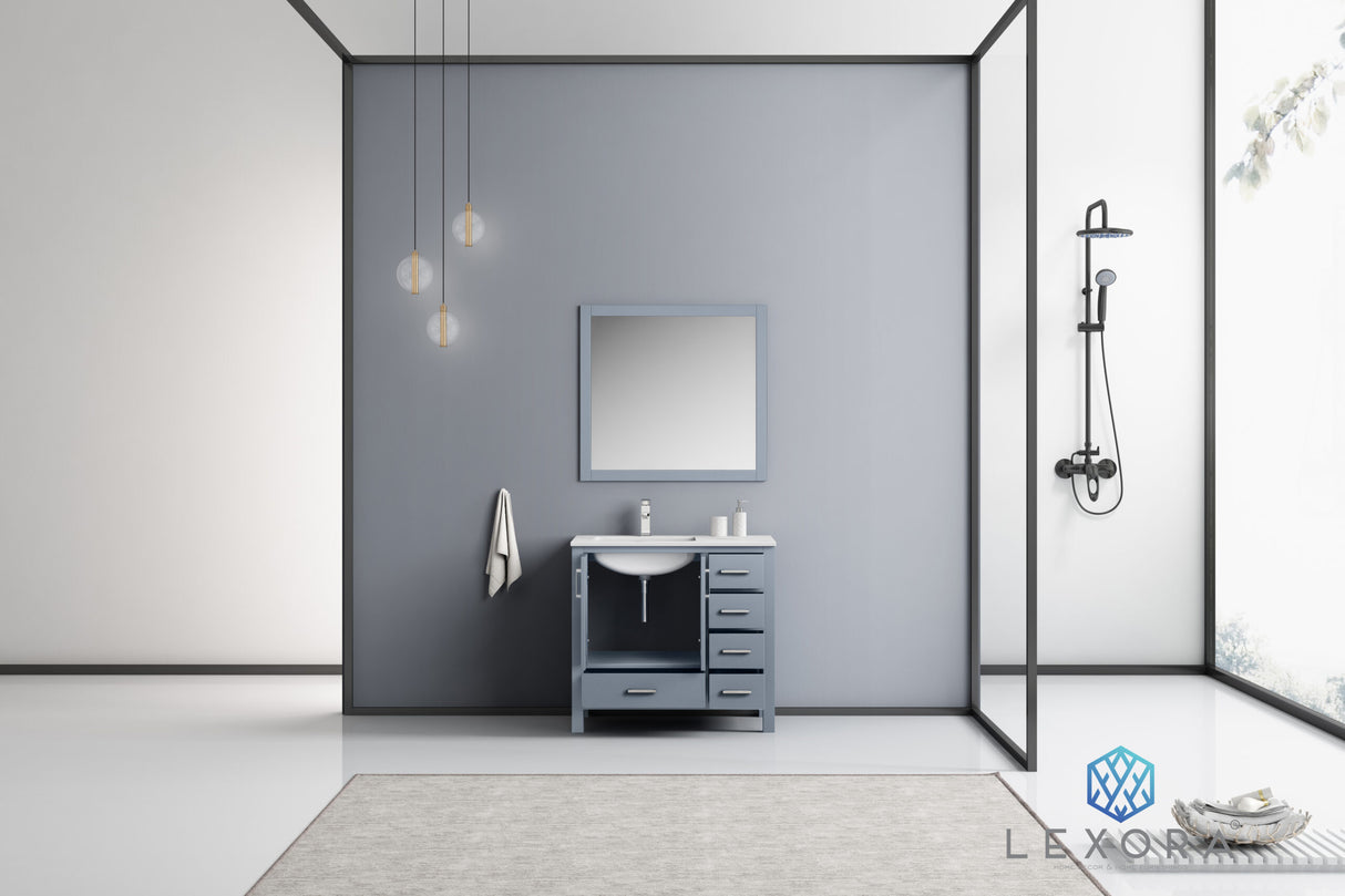 Jacques 36" Dark Grey Single Vanity, White Carrara Marble Top, White Square Sink and 34" Mirror w/ Faucet - Left Version