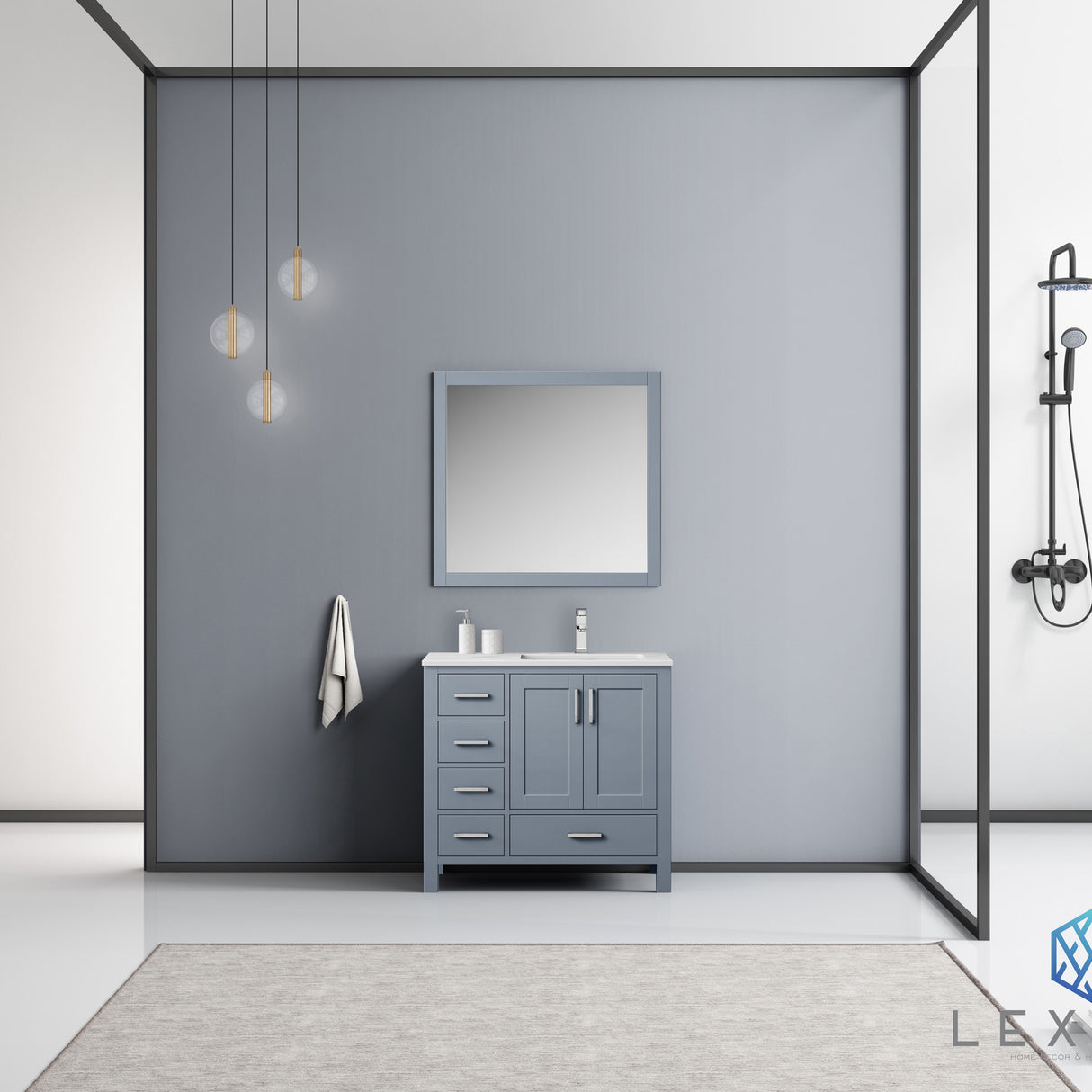 Jacques 36" Dark Grey Single Vanity, White Carrara Marble Top, White Square Sink and 34" Mirror - Right Version