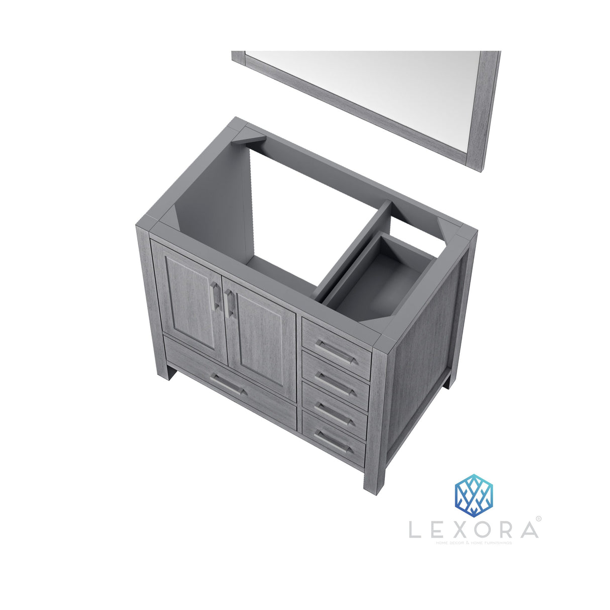 Jacques 36" Distressed Grey Single Vanity, White Carrara Marble Top, White Square Sink and 34" Mirror w/ Faucet - Left Version