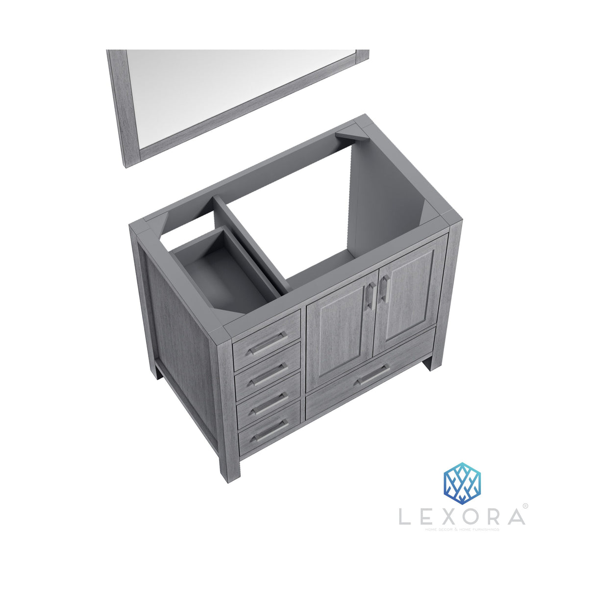 Jacques 36" Distressed Grey Single Vanity, White Carrara Marble Top, White Square Sink and 34" Mirror w/ Faucet - Right Version