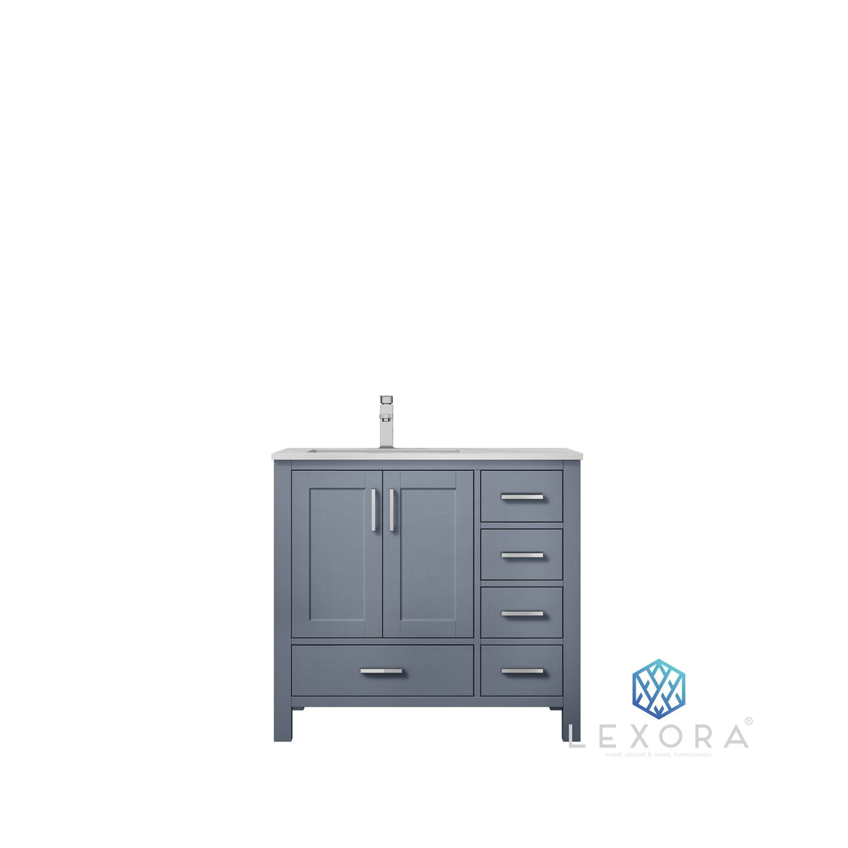 Jacques 36" Dark Grey Single Vanity, White Carrara Marble Top, White Square Sink and 34" Mirror w/ Faucet - Left Version