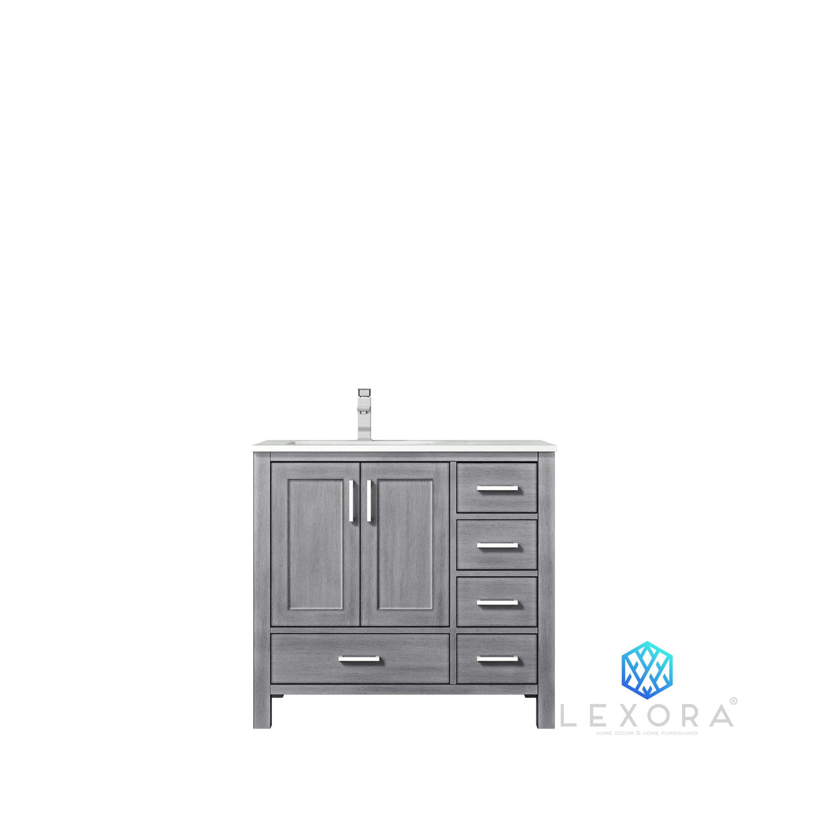 Jacques 36" Distressed Grey Single Vanity, White Carrara Marble Top, White Square Sink and 34" Mirror w/ Faucet - Left Version