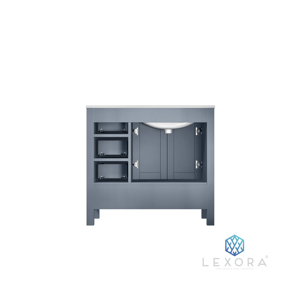 Jacques 36" Dark Grey Single Vanity, White Carrara Marble Top, White Square Sink and 34" Mirror w/ Faucet - Left Version