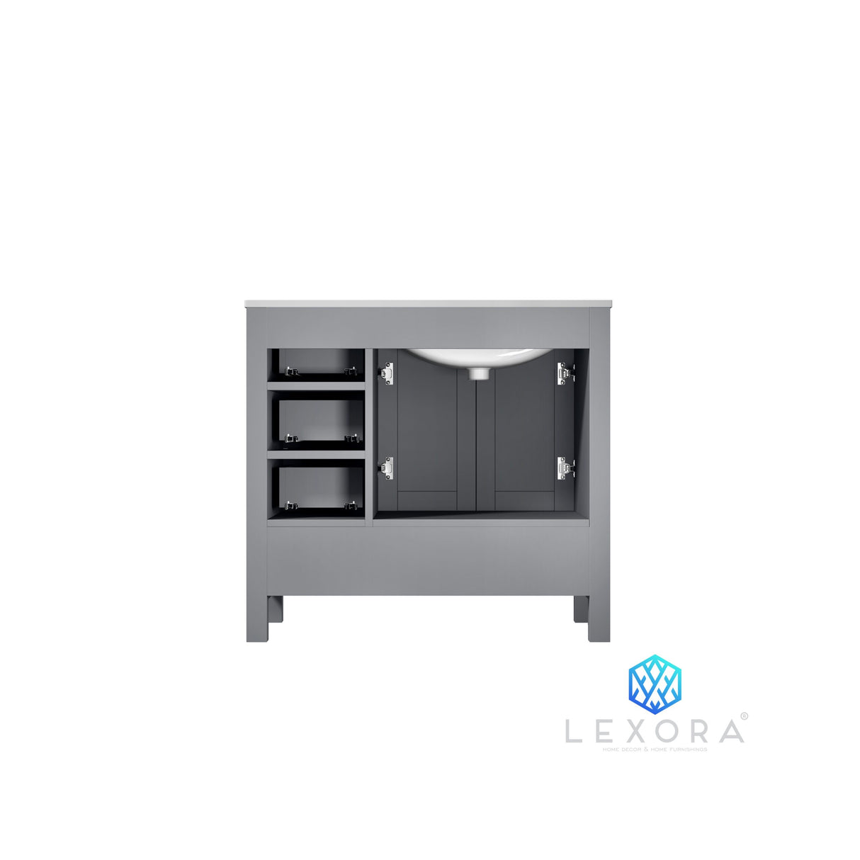 Jacques 36" Distressed Grey Single Vanity, White Carrara Marble Top, White Square Sink and 34" Mirror w/ Faucet - Left Version