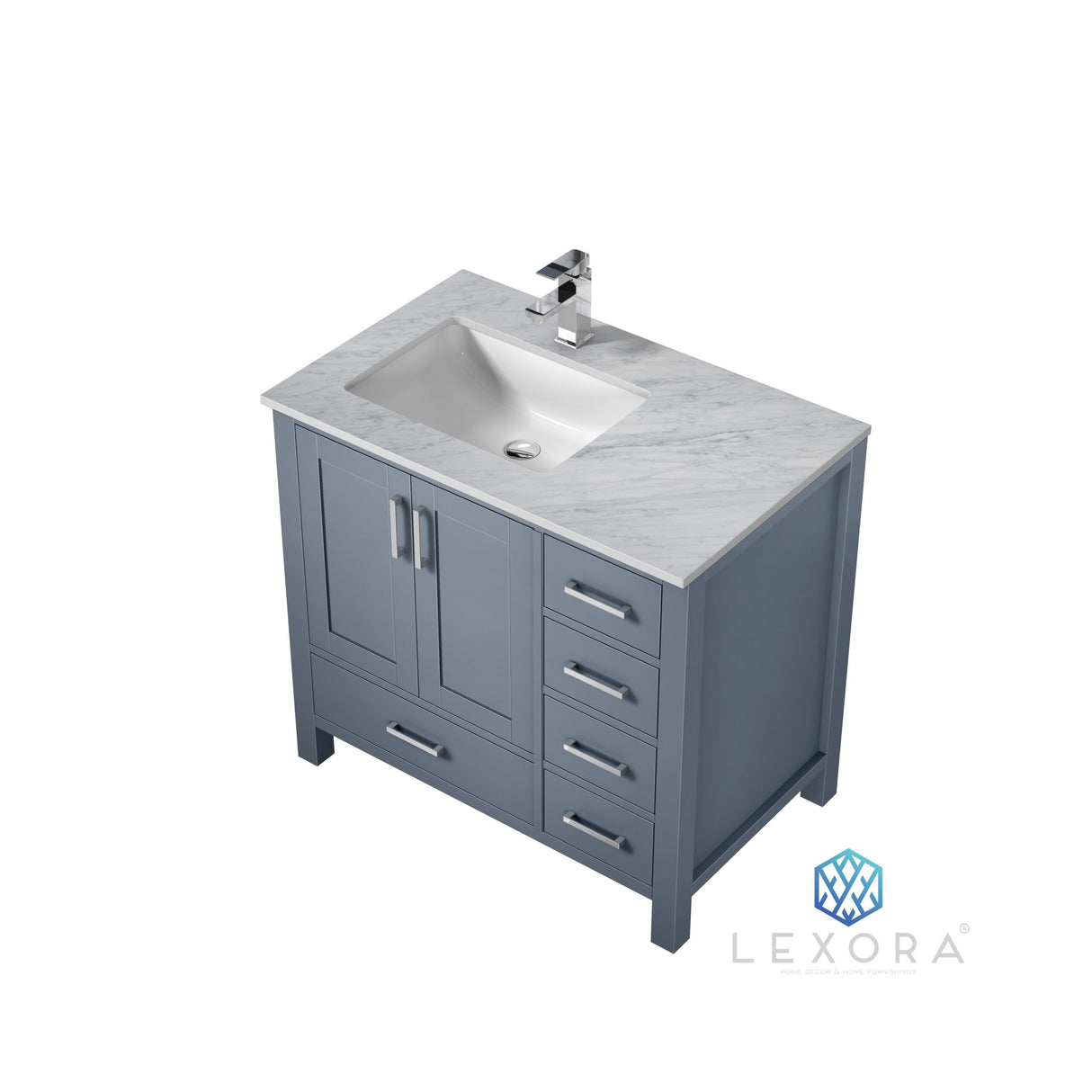 Jacques 36" Dark Grey Single Vanity, White Carrara Marble Top, White Square Sink and 34" Mirror w/ Faucet - Left Version