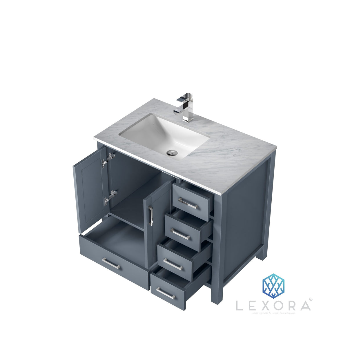 Jacques 36" Dark Grey Single Vanity, White Carrara Marble Top, White Square Sink and 34" Mirror w/ Faucet - Left Version