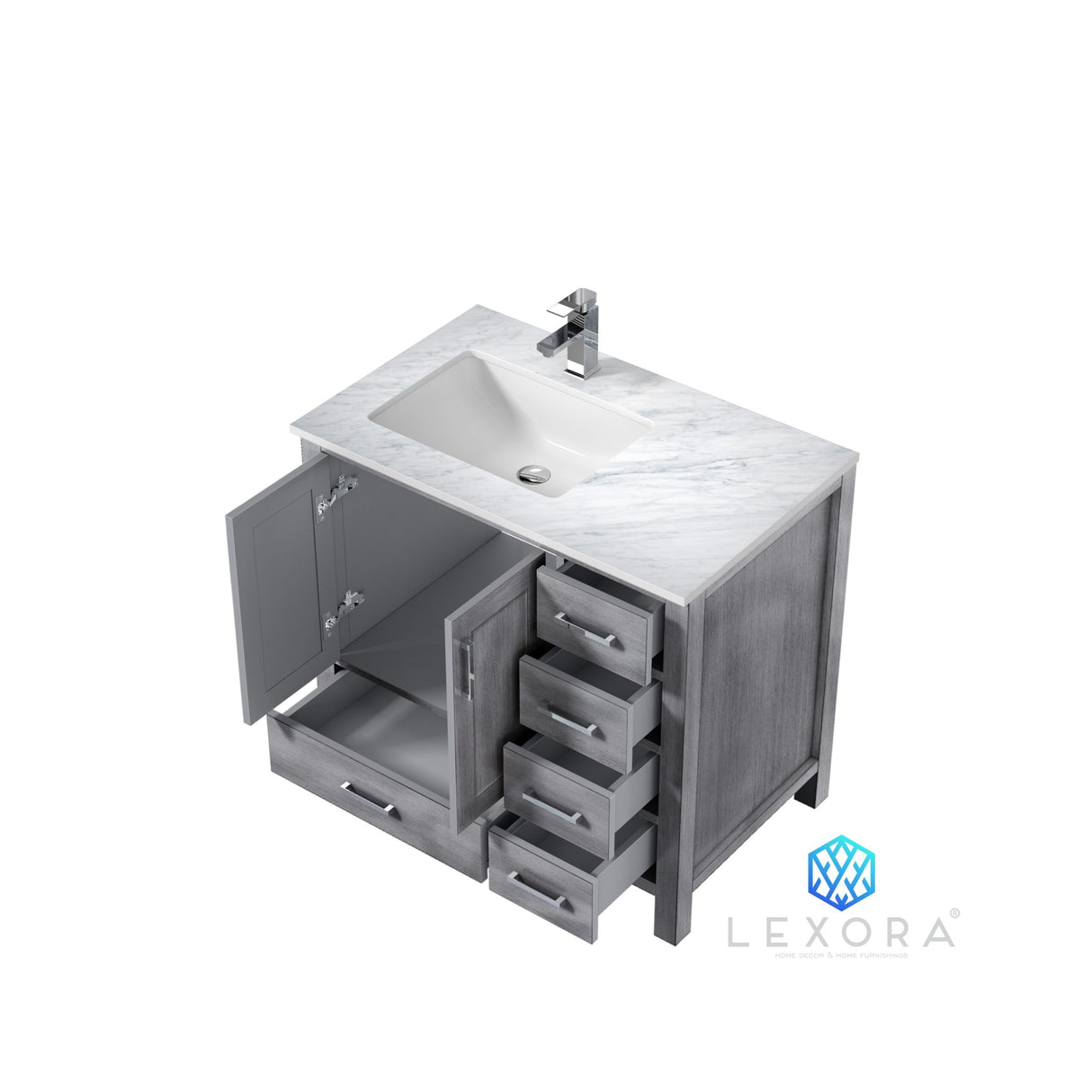 Jacques 36" Distressed Grey Single Vanity, White Carrara Marble Top, White Square Sink and 34" Mirror w/ Faucet - Left Version