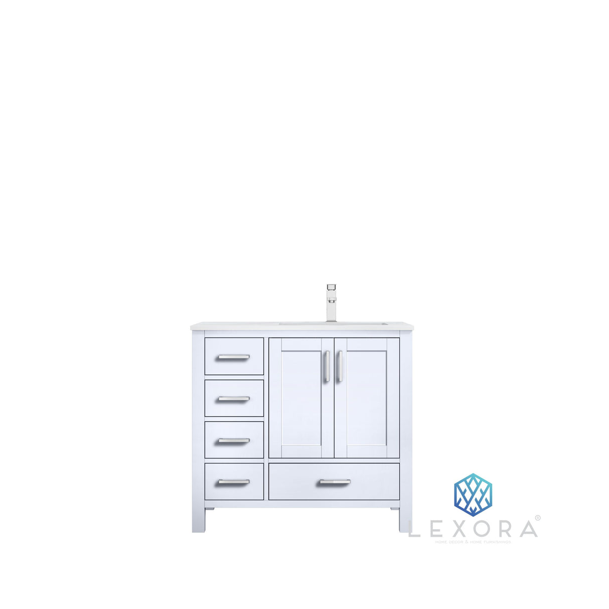 Jacques 36" White Single Vanity, White Carrara Marble Top, White Square Sink and 34" Mirror w/ Faucet - Right Version