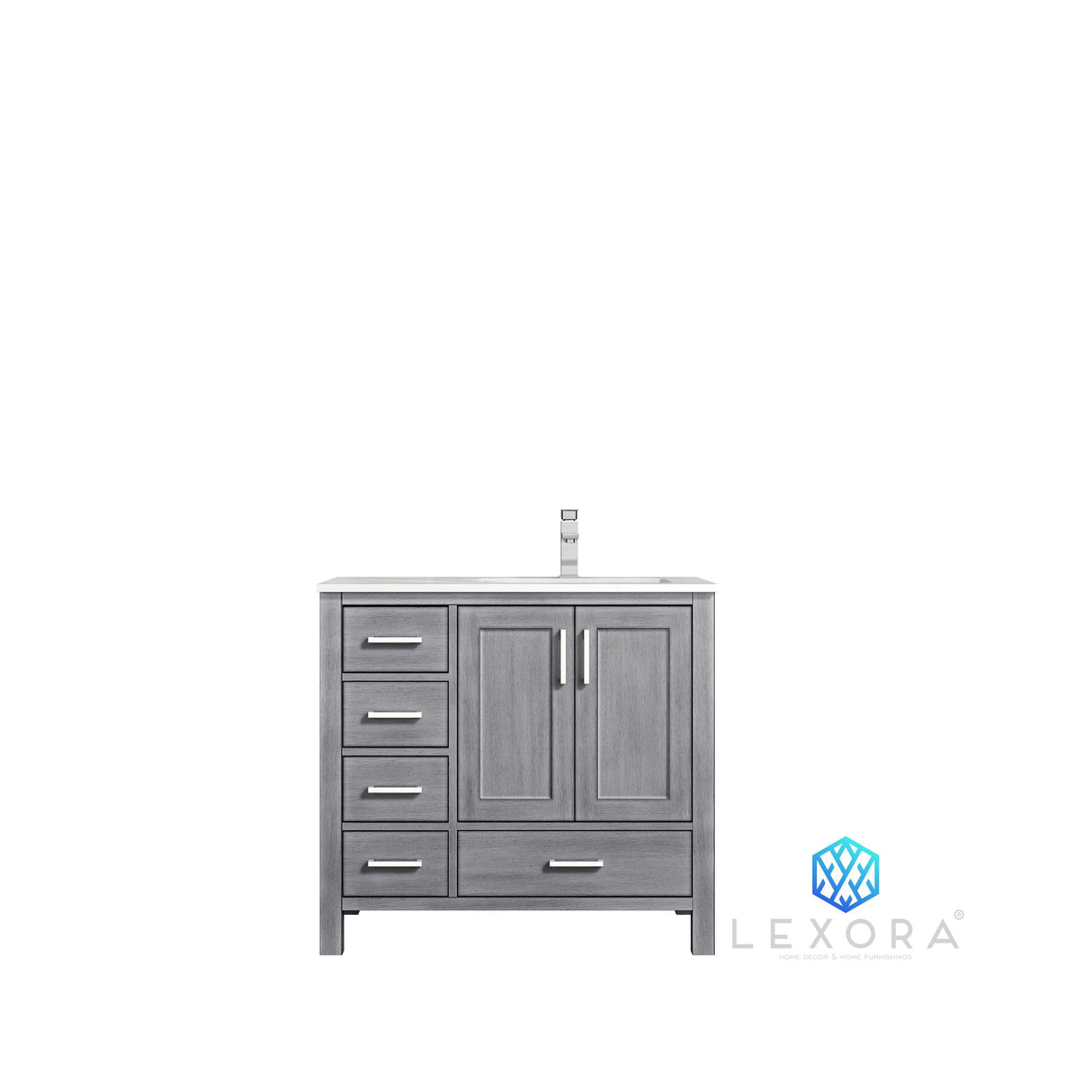 Jacques 36" Distressed Grey Single Vanity, White Carrara Marble Top, White Square Sink and 34" Mirror w/ Faucet - Right Version