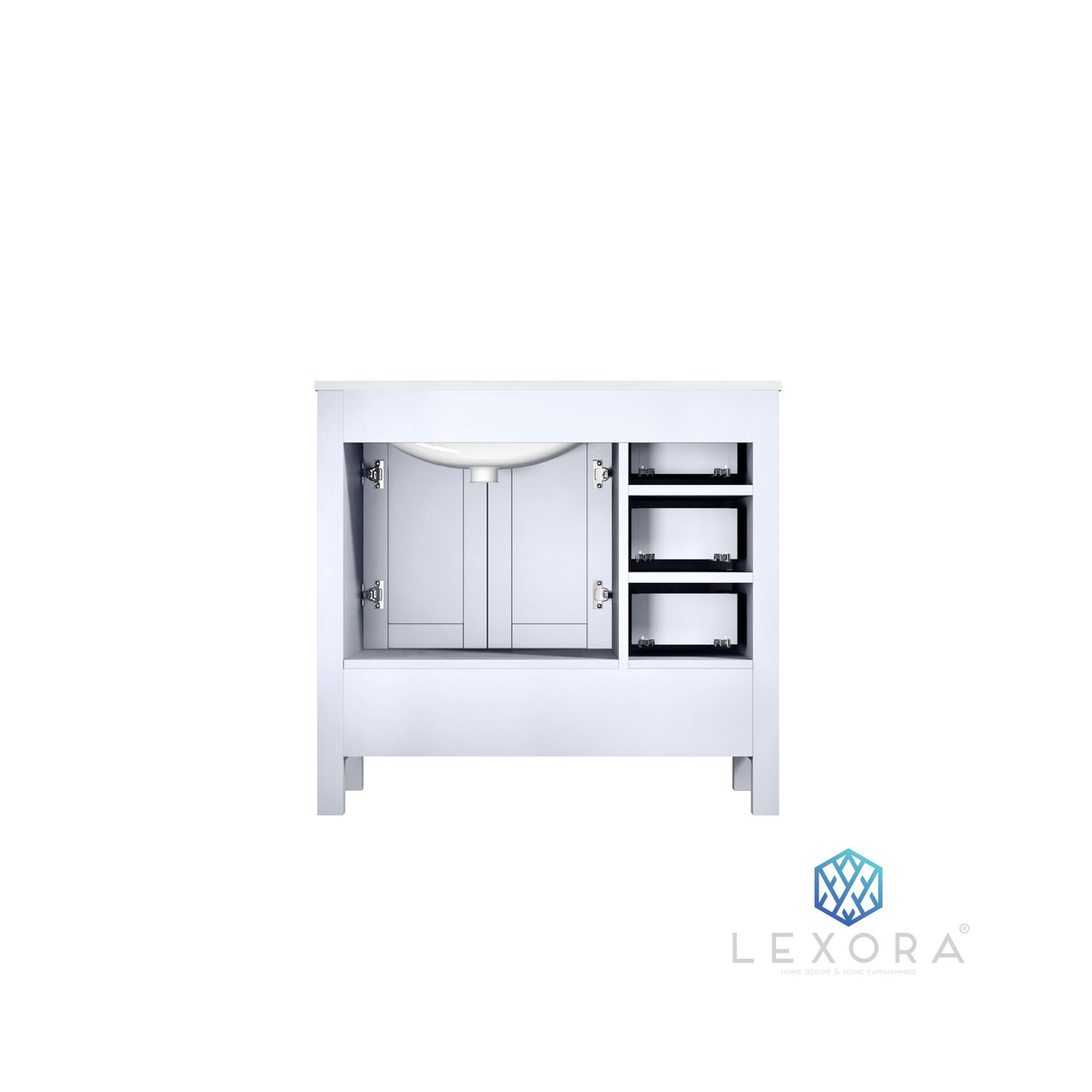 Jacques 36" White Single Vanity, White Carrara Marble Top, White Square Sink and 34" Mirror w/ Faucet - Right Version