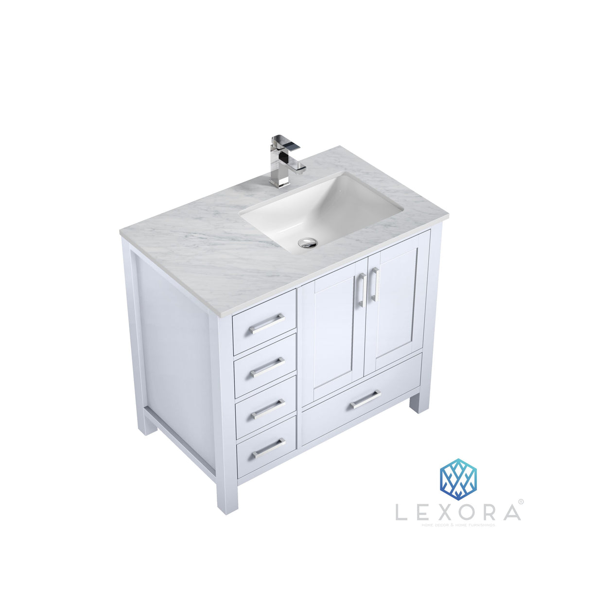 Jacques 36" White Single Vanity, White Carrara Marble Top, White Square Sink and 34" Mirror w/ Faucet - Right Version