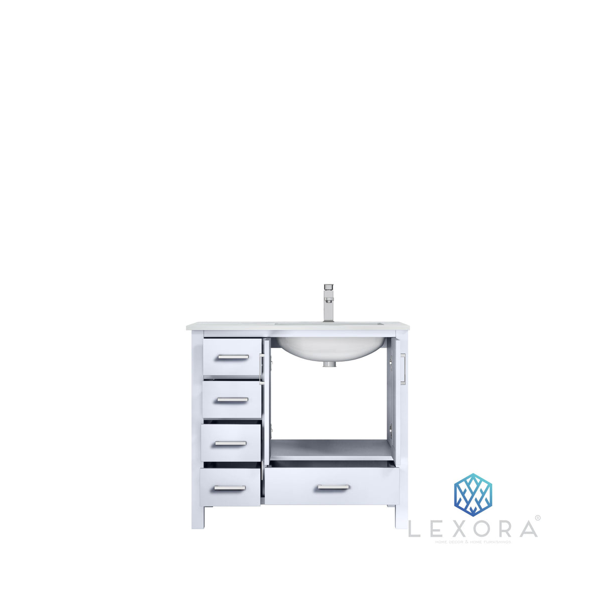 Jacques 36" White Single Vanity, White Carrara Marble Top, White Square Sink and 34" Mirror w/ Faucet - Right Version