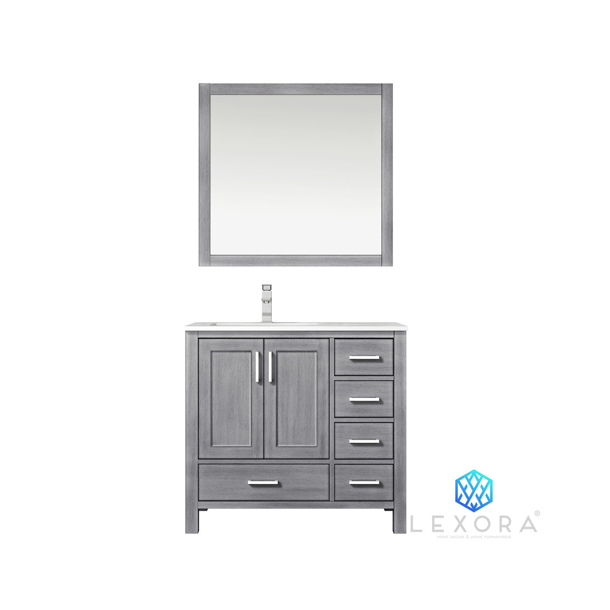 Jacques 36" Distressed Grey Single Vanity, White Carrara Marble Top, White Square Sink and 34" Mirror - Left Version