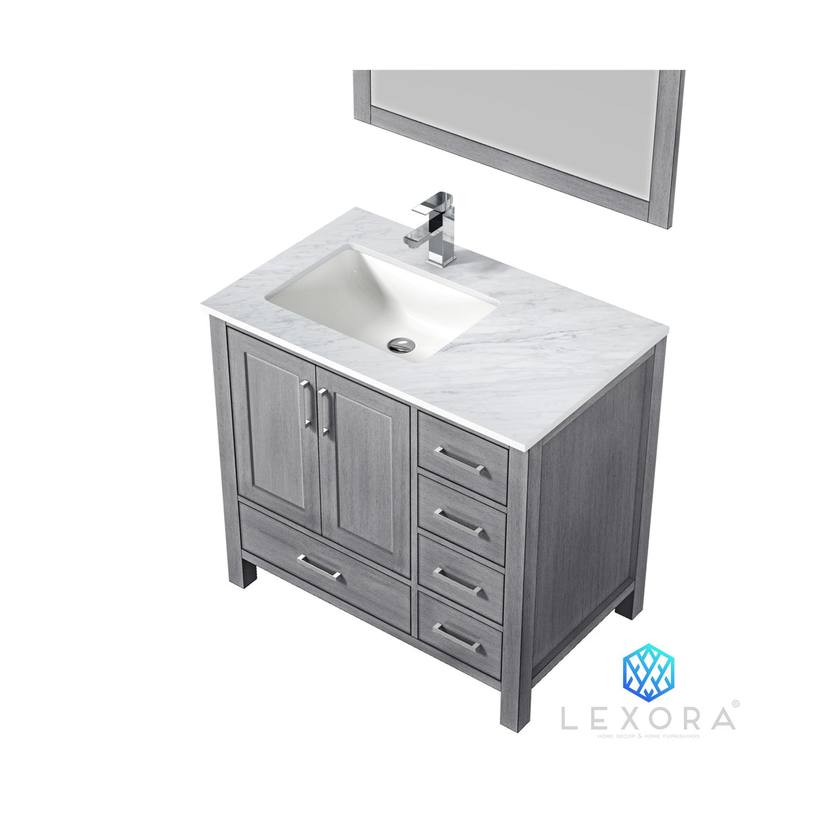 Jacques 36" Distressed Grey Single Vanity, White Carrara Marble Top, White Square Sink and 34" Mirror w/ Faucet - Left Version