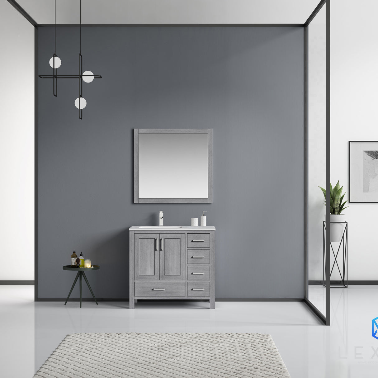 Jacques 36" Distressed Grey Single Vanity, White Carrara Marble Top, White Square Sink and 34" Mirror - Left Version