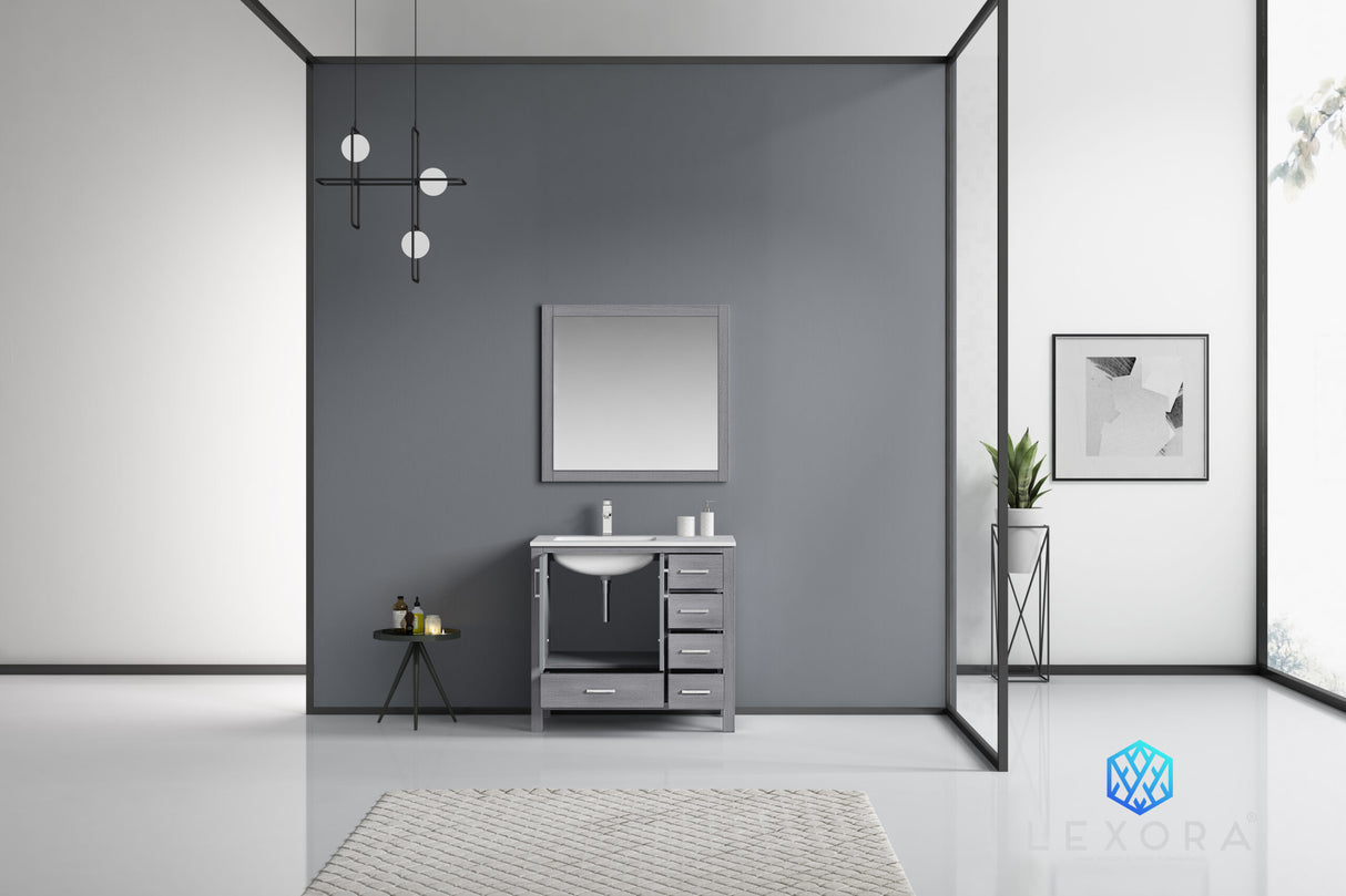 Jacques 36" Distressed Grey Single Vanity, White Carrara Marble Top, White Square Sink and 34" Mirror w/ Faucet - Left Version