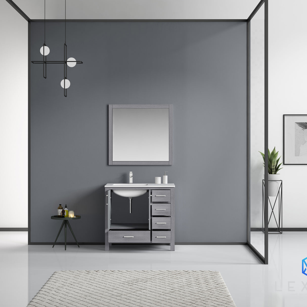 Jacques 36" Distressed Grey Single Vanity, White Carrara Marble Top, White Square Sink and 34" Mirror - Left Version