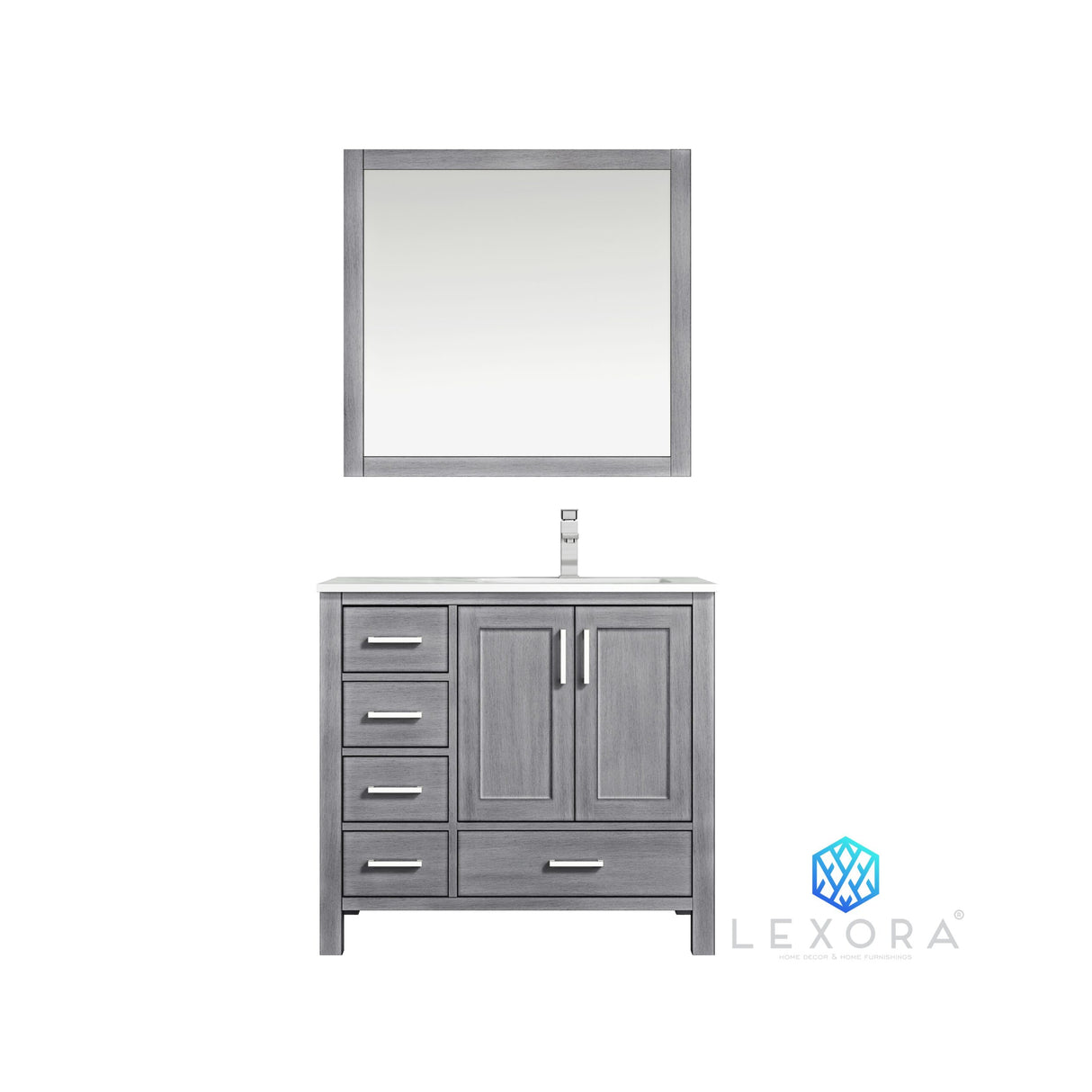 Jacques 36" Distressed Grey Single Vanity, White Carrara Marble Top, White Square Sink and 34" Mirror w/ Faucet - Right Version
