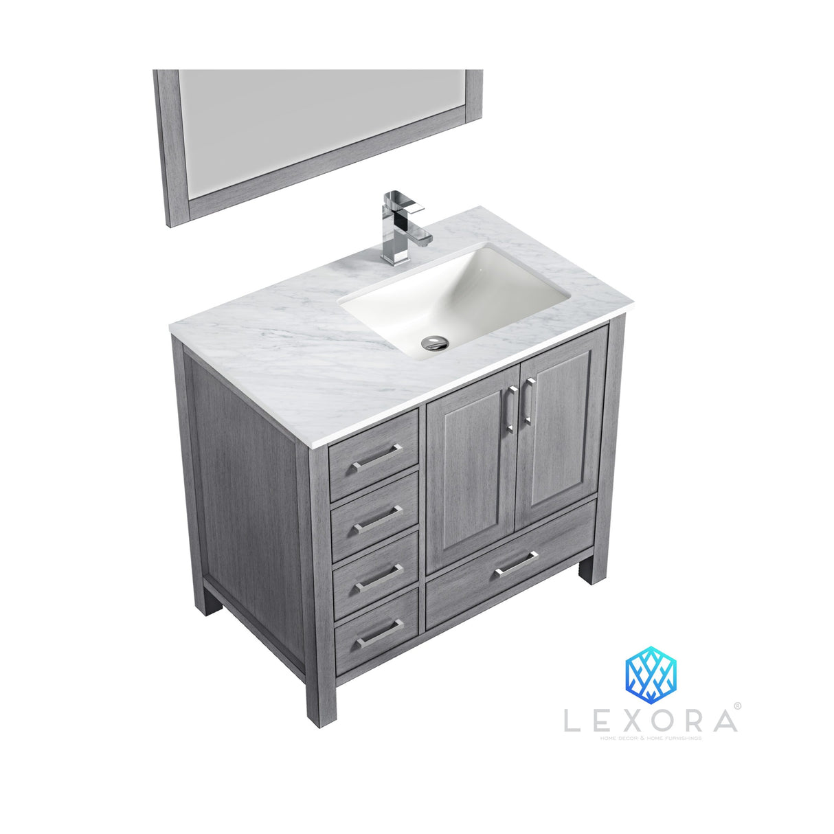 Jacques 36" Distressed Grey Single Vanity, White Carrara Marble Top, White Square Sink and 34" Mirror w/ Faucet - Right Version