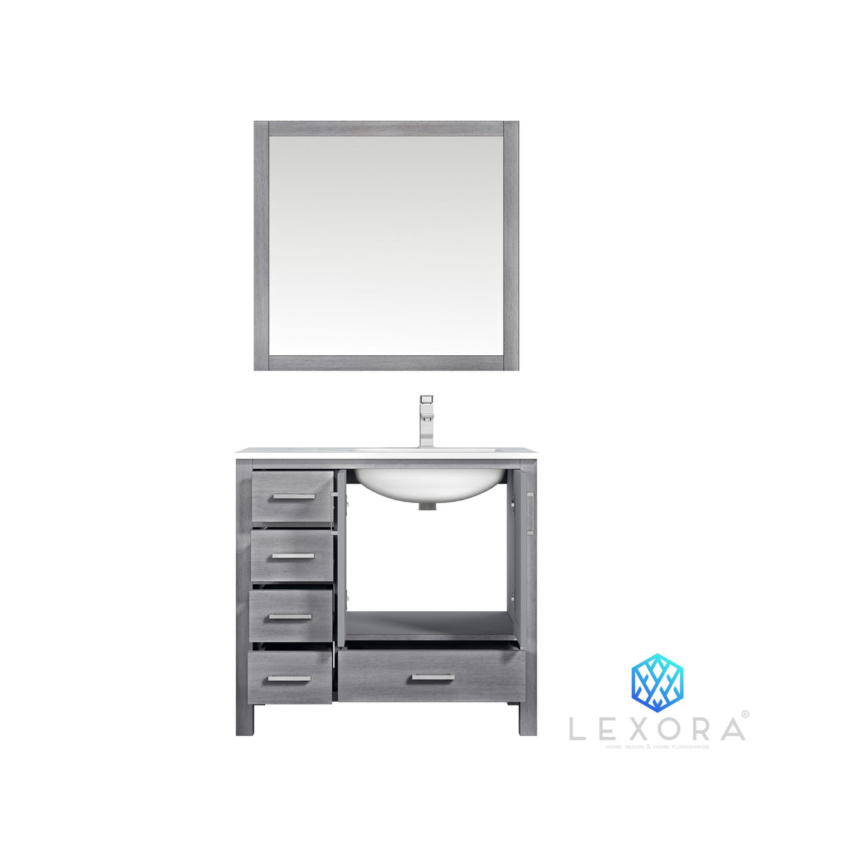 Jacques 36" Distressed Grey Single Vanity, White Carrara Marble Top, White Square Sink and 34" Mirror w/ Faucet - Right Version