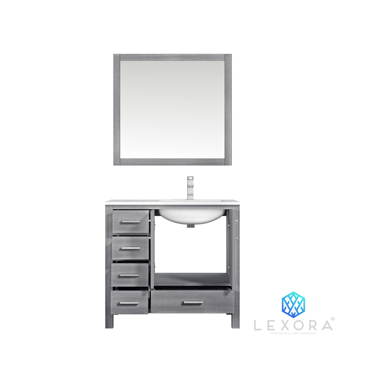 Jacques 36" Distressed Grey Single Vanity, White Carrara Marble Top, White Square Sink and 34" Mirror - Right Version