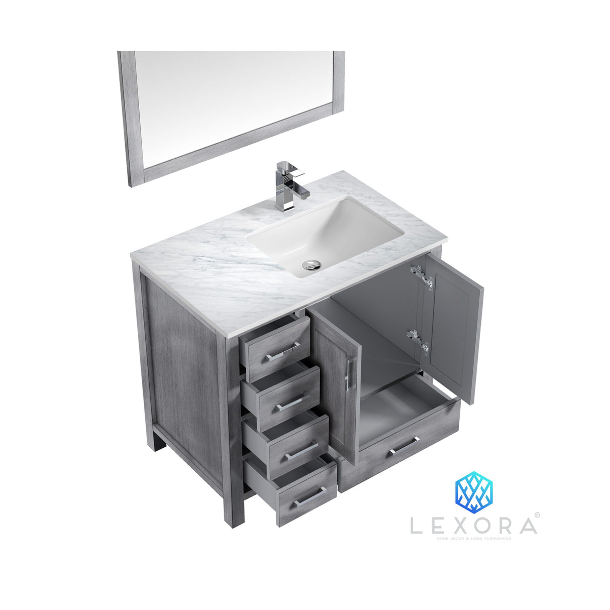 Jacques 36" Distressed Grey Single Vanity, White Carrara Marble Top, White Square Sink and 34" Mirror w/ Faucet - Right Version