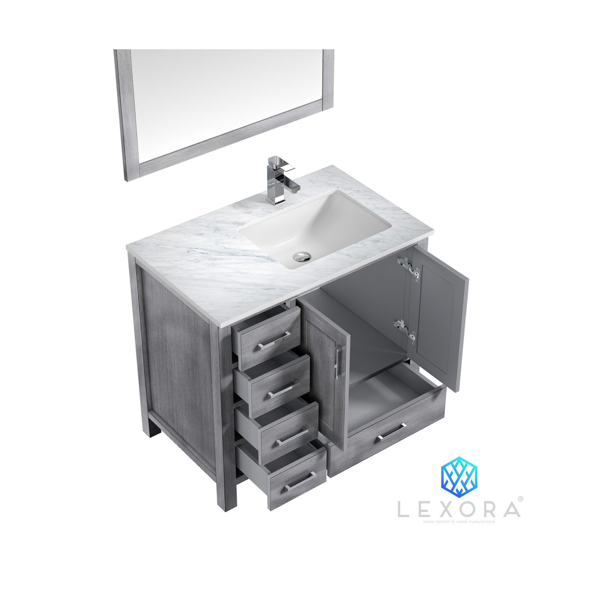 Jacques 36" Distressed Grey Single Vanity, White Carrara Marble Top, White Square Sink and 34" Mirror - Right Version