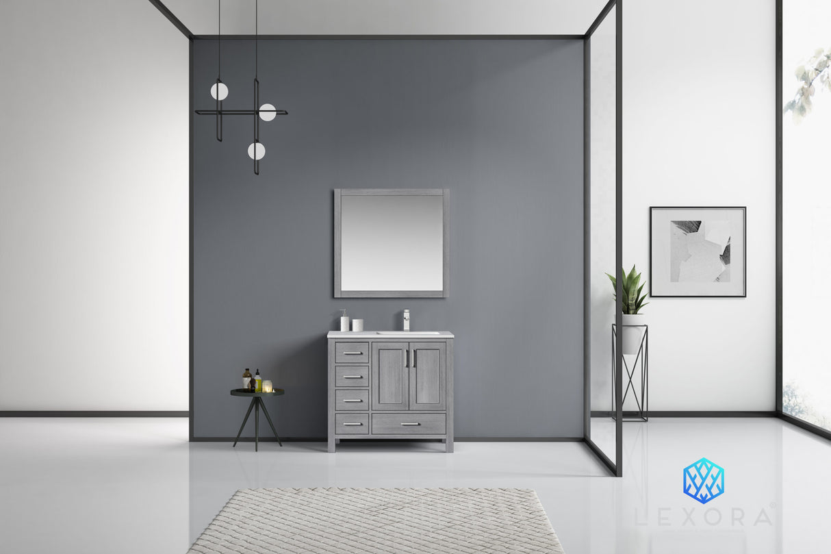 Jacques 36" Distressed Grey Single Vanity, White Carrara Marble Top, White Square Sink and 34" Mirror w/ Faucet - Right Version