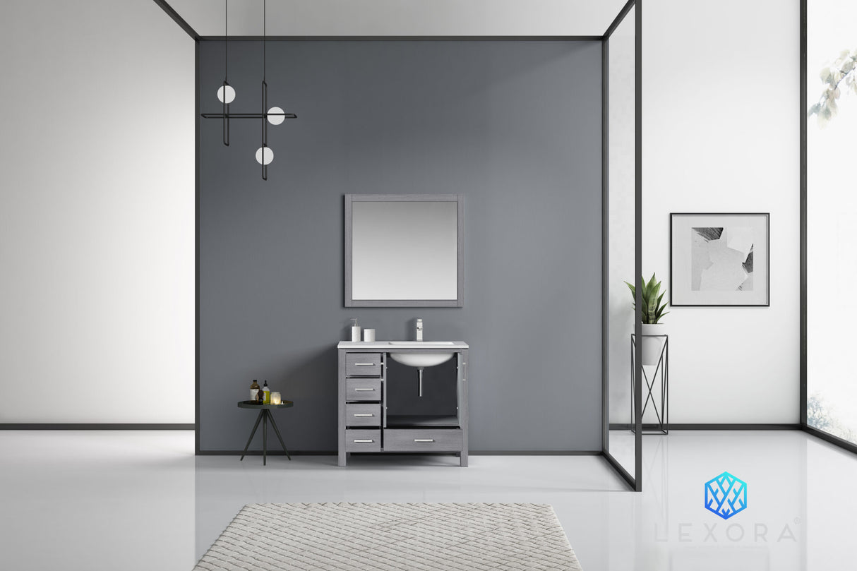 Jacques 36" Distressed Grey Single Vanity, White Carrara Marble Top, White Square Sink and 34" Mirror w/ Faucet - Right Version