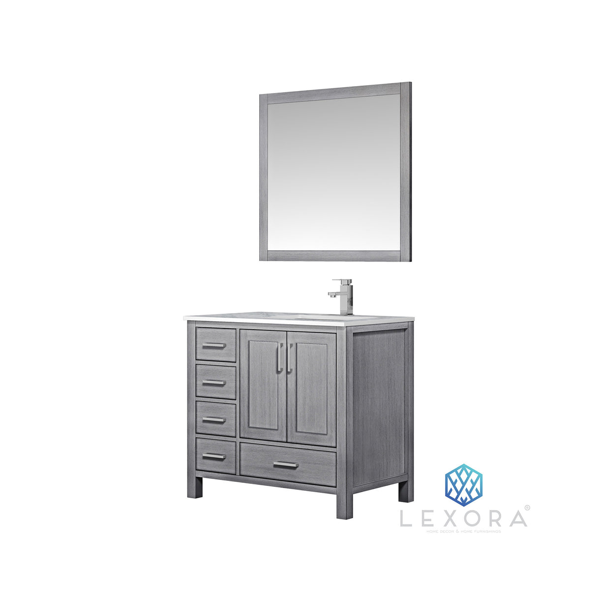 Jacques 36" Distressed Grey Single Vanity, White Carrara Marble Top, White Square Sink and 34" Mirror - Right Version